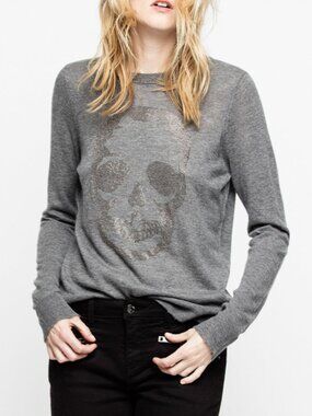 NWT $348 Zadig & Voltaire MISS Gray Skull Dis Cashmere Knit Sweater M